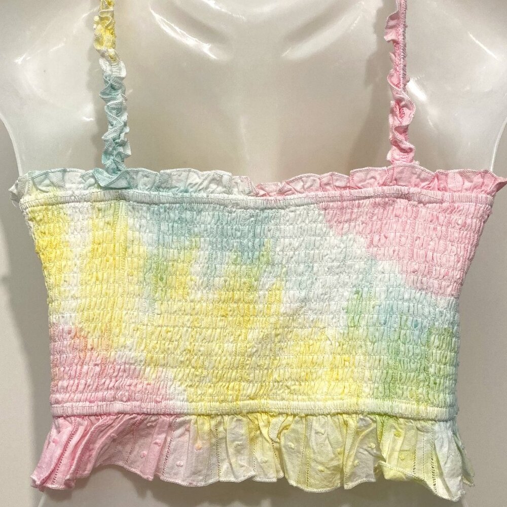 STORIA Womens Smoked Cropped Tank Top Straps Rainbow Pastel Ruffle Size L Life - Picture 2 of 8